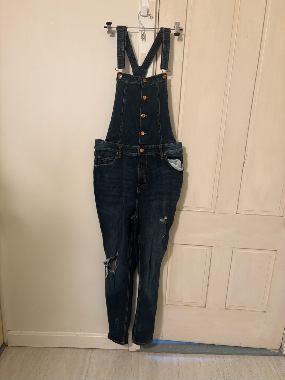 Celebrity Pink Dark Blue Denim Overalls with Tan Stitching